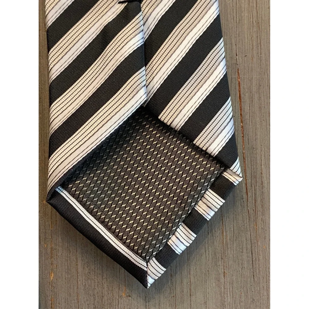 Bergamo New York Mens Necktie Black White Silver Striped Hand Made Polyester
